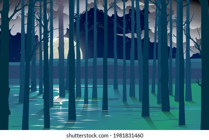 landscape of mangove forest on the beach in in full moon night