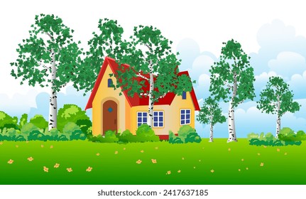 Landscape with many beautiful birch trees and a little cozy house in the back. Vector illustration.