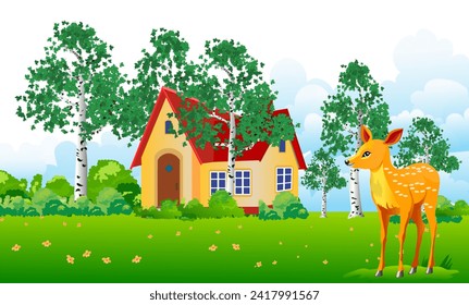 Landscape with many beautiful birch trees. Little cozy house in the back and a young fawn in the foreground. Vector illustration.