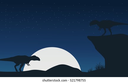 Landscape of mapusaurus dinosaur silhouettes