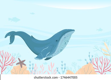 Landscape of marine life. Ocean and underwater world with different animals and plants.