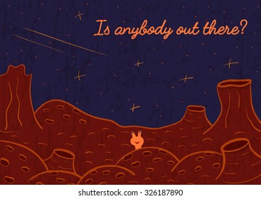 Landscape of Mars with alien. Cartoon background.