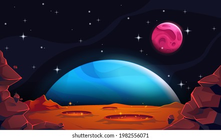 Landscape of Mars with the planet earth. Orange desert with meteorite craters and rocksм. Gaming vector background. Cartoon style.