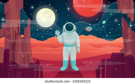 Landscape of Mars surface with astronaut.  Alien planet. Background for games and mobile applications.