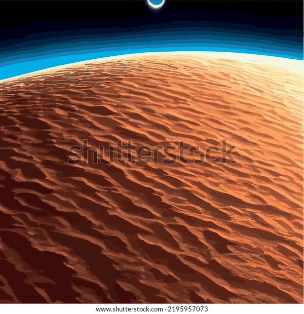 Landscape Mars surface with colonies building.\
Astronaut base on the red planet. Vector cartoon futuristic\
illustration of space colonization, space exploration concept.\
Space station alien\
galaxy