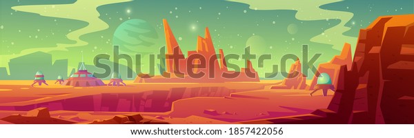 Landscape of Mars surface with colony base.\
Vector cartoon futuristic illustration of alien red planet surface\
with dome building, mountains, moon and stars in sky. Galaxy\
exploration and\
colonization