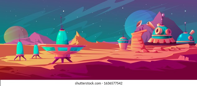 Landscape of Mars surface with colony buildings. Astronaut base on red planet. Vector cartoon futuristic illustration of space colonization, cosmos exploration concept. Space station in alien galaxy