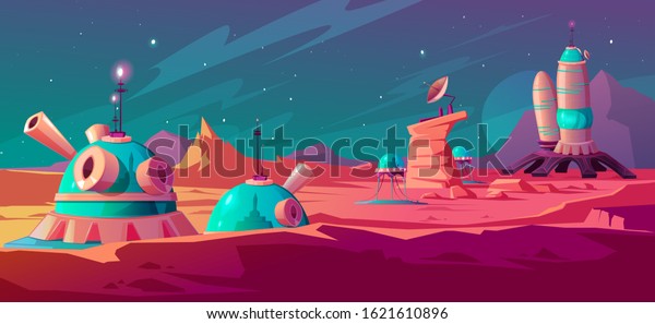 Landscape of Mars surface with colony buildings.\
Astronaut base on red planet. Vector cartoon futuristic\
illustration of space colonization, cosmos exploration concept.\
Space station in alien\
galaxy