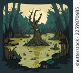 Landscape with marsh, water lilies, trees trunks and bog grass. green swampy lake in a scary forest. Fairy bog. Vector illustration