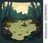 Landscape with marsh, water lilies, trees trunks and bog grass. green swampy lake in a scary forest. Fairy bog. Vector illustration