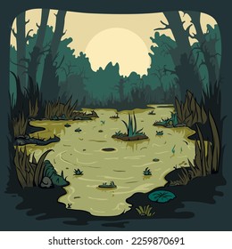 Landscape with marsh, water lilies, trees trunks and bog grass. green swampy lake in a scary forest. Fairy bog. Vector illustration