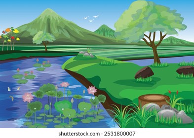 Landschaft mit Sümpfen und Bergen
