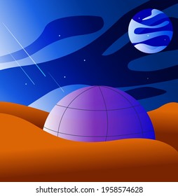 landscape of the Martian desert with a starry sky and housing - human settlements on Mars in the form of a dome. colonization of Mars.