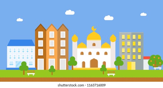 landscape with masjid and building, flat icon