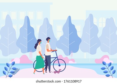 Landscape with masked couple dating, walking at summer city park. Men and women have a day off on new normal. Flat cartoon colorful vector illustration.