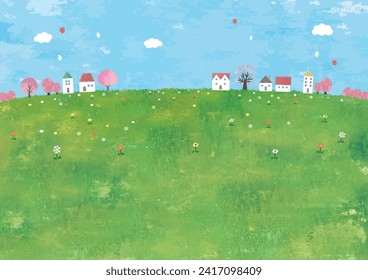 Landscape of meadow, cherry blossoms and houses watercolor painting