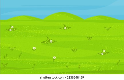 Landscape meadow. Grass, hills, sky, flowers. Park. Vector drawing in a flat style.