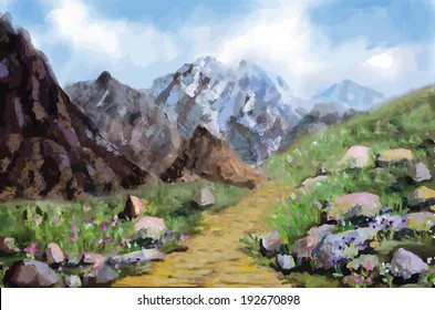 Landscape with meadow and mountains on a cloudy sky background 