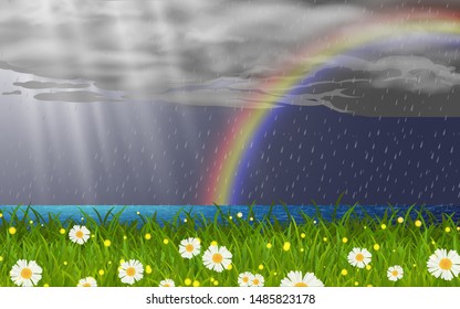 landscape of meadow on the beach in rain day