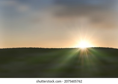 Landscape with meadow and sky at sunset - vector illustration