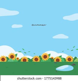 Landscape with a meadow and sunflower fields. Vector background illustration.