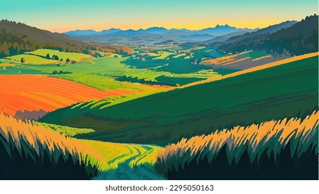 Landscape with meadows and hills at sunset. Vector illustration.