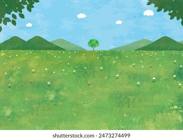 Landscape of meadows, mountains and symbolic tree