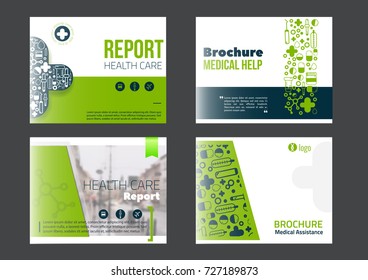 Landscape Medical Brochure Cover Template set in green color. Flyer with inline medicine icons, Modern power point Concept for slider. Vector report