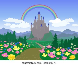 Landscape With Medieval Castle and Flowers