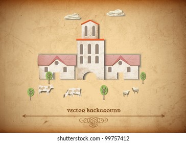 Landscape with Medieval church and sheeps,cows.Vector paper art