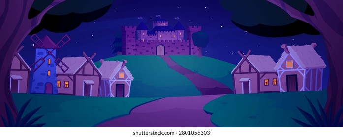 Landscape of medieval kingdom in forest at night vector flat illustration. Road to king fortress castle, mansion. Cartoon stone palace chateau building with castle tower. Windmill and village houses