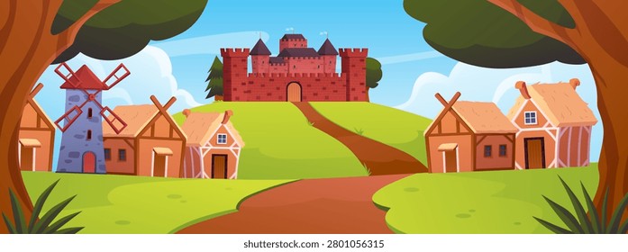 Landscape of medieval kingdom in forest vector flat illustration. Road to king fortress castle, mansion. Cartoon vintage stone palace chateau building with castle tower. Windmill and village houses