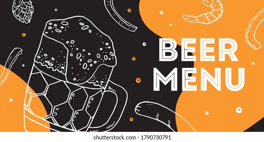 Landscape menu flyer design template. Beer mug and colorful spots. Hand drawn vector sketch illustration