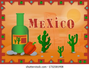 el paisaje del desierto mexicano para enmarcar la botella de tequila campana pimentón vector EPS 10