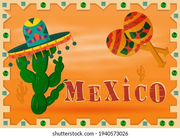 the landscape of the Mexican desert in a frame hat sombrero wearing cactus and maracas vector EPS 10