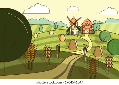Landscape with a mill and a barn in the middle of fields with wheat. Vector illustration.
