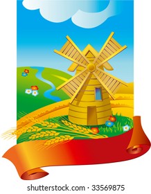 Landscape with mill, ribbon and ears