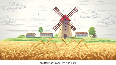 Landscape with mill and with rural buildings and with ears of wheat in the foreground.