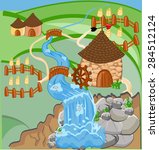 Landscape with mill and waterfall in hills