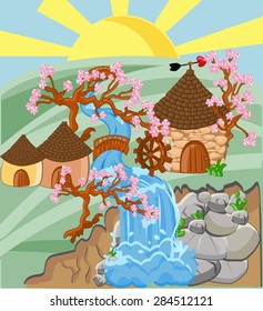 Landscape with mill and waterfall in hills