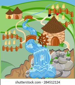 Landscape with mill and waterfall in hills