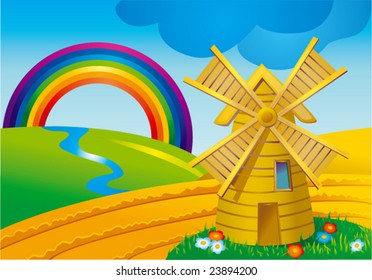 Landscape with mills and rainbow