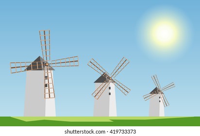 Landscape with mills. Sunny day