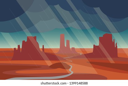 Landscape minimal design style view of the desert in Arizona,USA in the sunset or sunrise time with the big sun in pink-orange tone and the local road go to the rock mountain in raining time