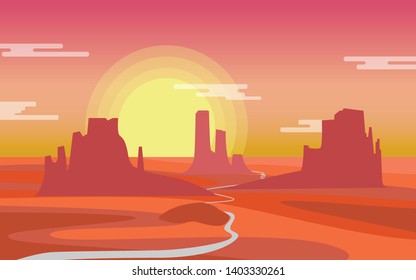 Landscape minimal design style view of the desert in Arizona,USA in the sunset or sunrise time with the big sun in pink-orange tone and the local road go to the rock mountain among the far away desert