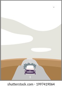 Vista del pueblo. Ilustración vectorial con campo, casa, coches, personas en colores pastel, para diseño, afiche, banner, impresión, fondo.