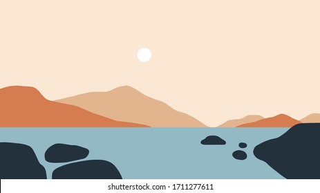 landscape minimalist flat design, a panoramic illustration of a lake and distant mountains, vector