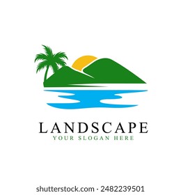 landscape minimalist logo design with a mountain reflecting on water at sunrise with a palm tree