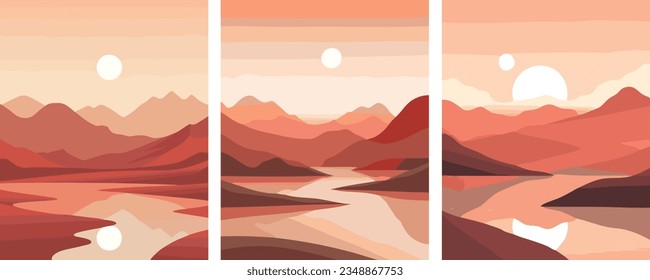 Landscape Minimalist Wall Art Warm Colors Boho Trendy Illustration Vector Set Of 3