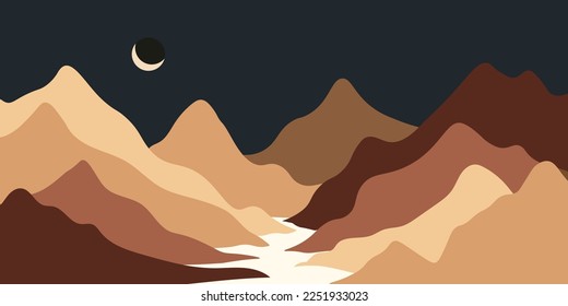 Landscape minimalist wallpaper. Abstract nature art, contemporary mountain poster, hand drawn background. Vector illustration